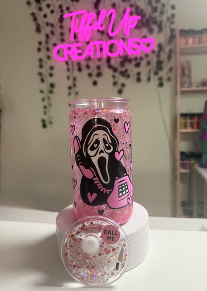“Call Me” Ghostface Pink Glitter Snow Globe Tumbler (16oz Acrylic)