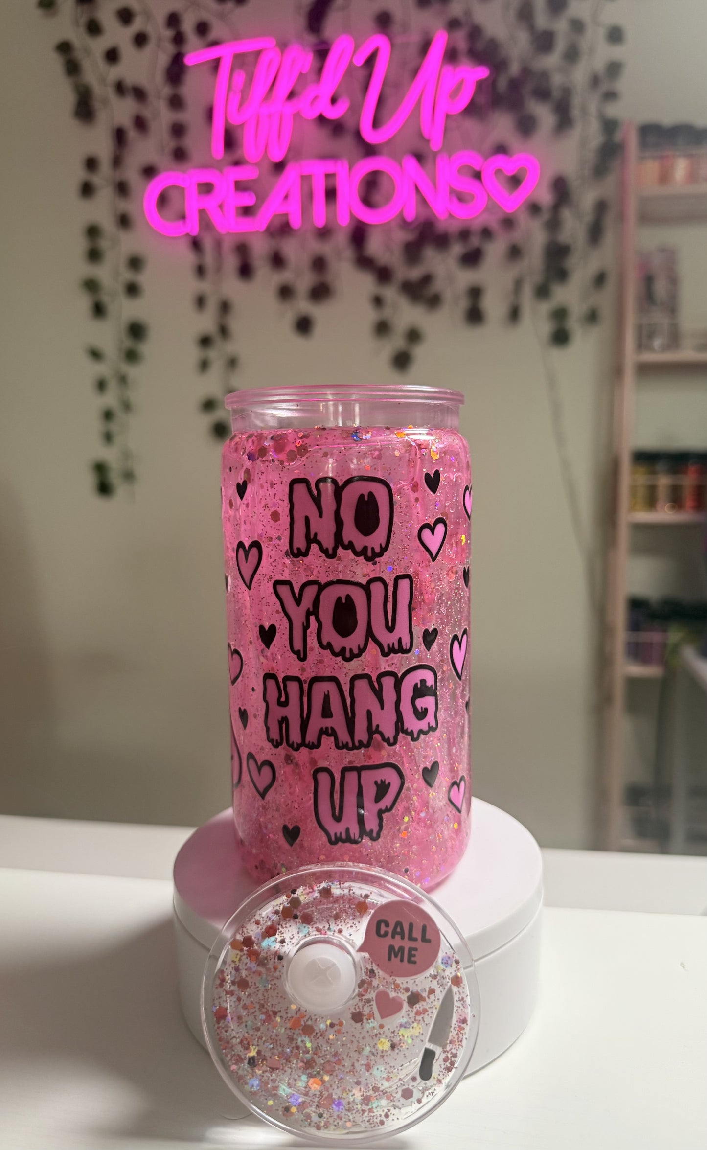 “Call Me” Ghostface Pink Glitter Snow Globe Tumbler (16oz Acrylic)