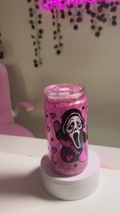 “Call Me” Ghostface Pink Glitter Snow Globe Tumbler (16oz Acrylic)